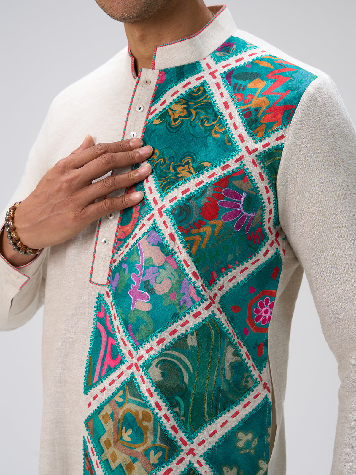 Off white blue patch kurta pajama men