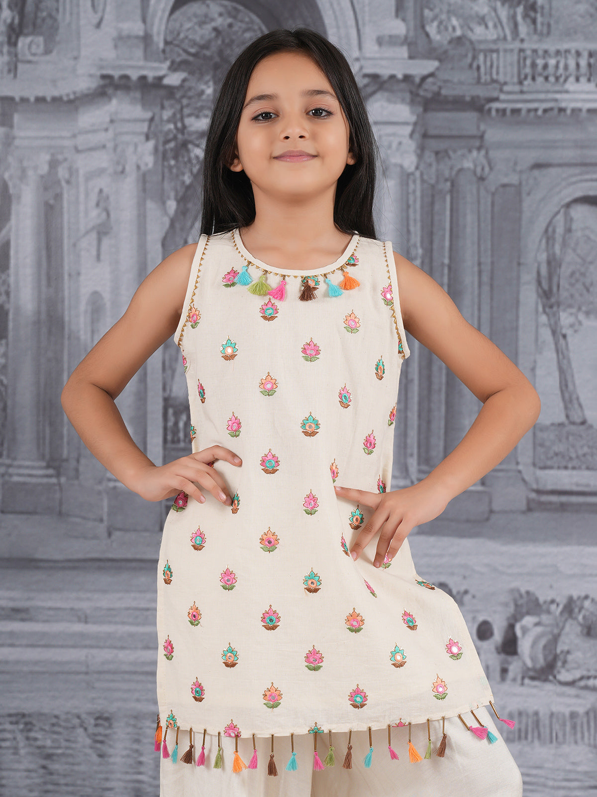 Off white cotton silk festive palazzo suit for girls