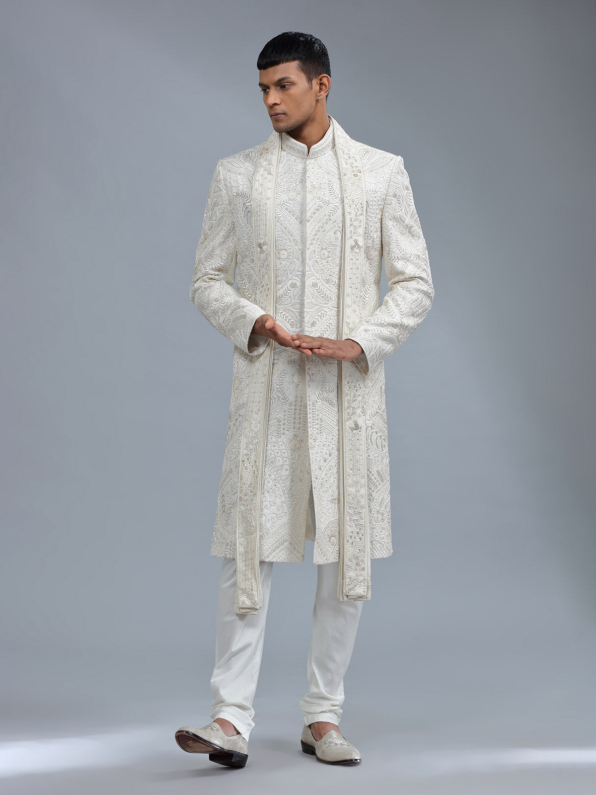 Off-white groom style sherwani in raw silk
