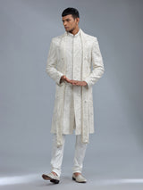 Off-white groom style sherwani in raw silk