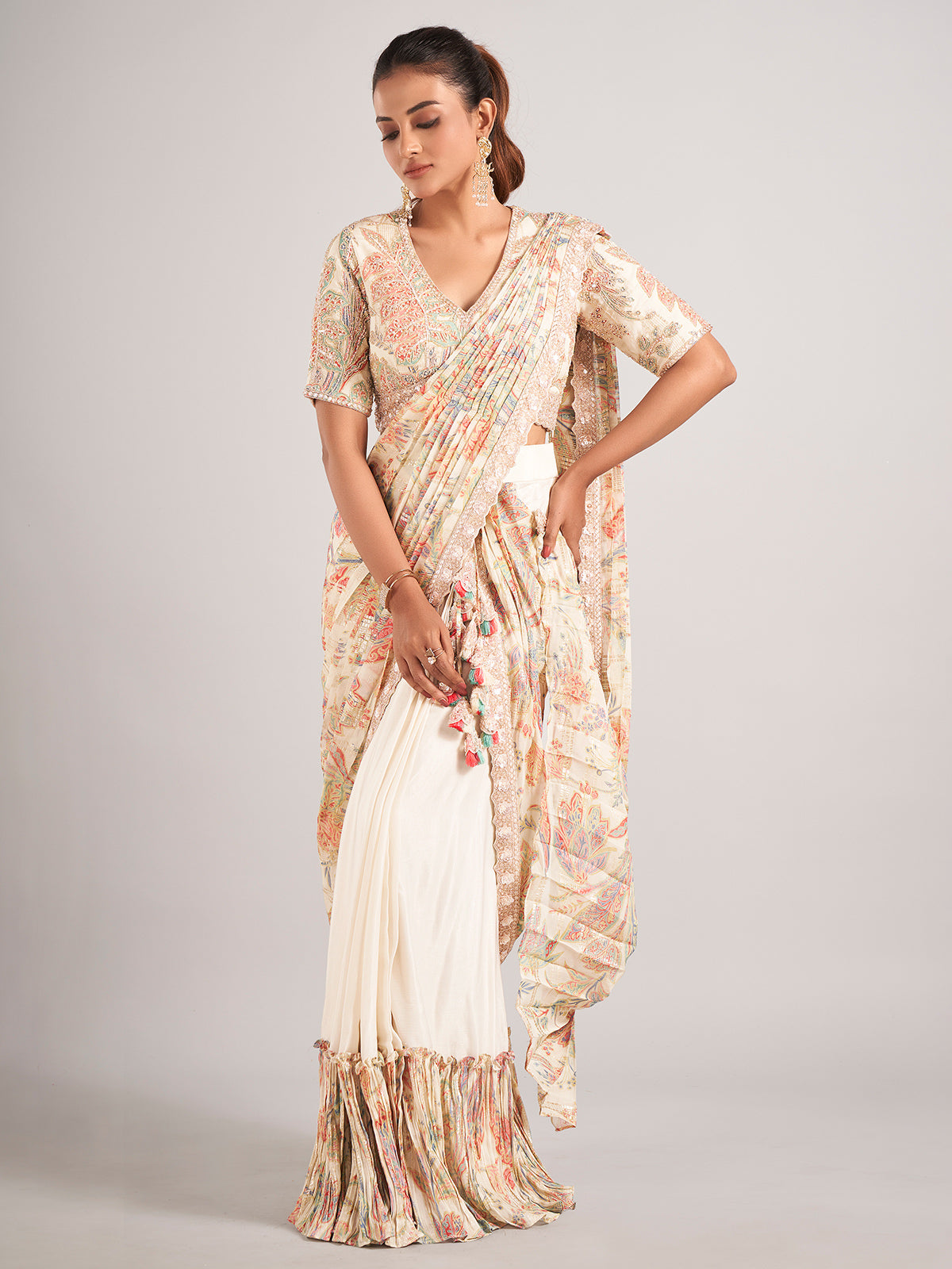 Off-white important fabric ready to wear saree
