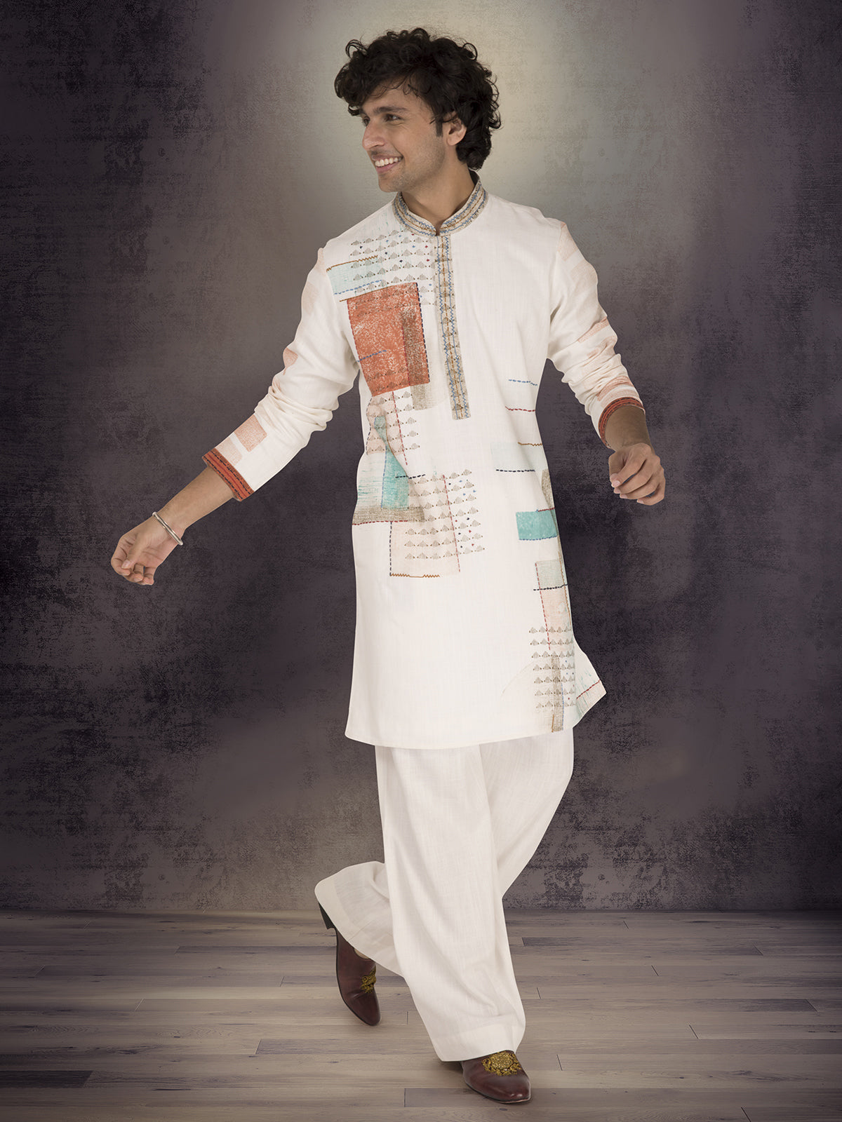 Off white linen cotton printed thread work kurta suit
