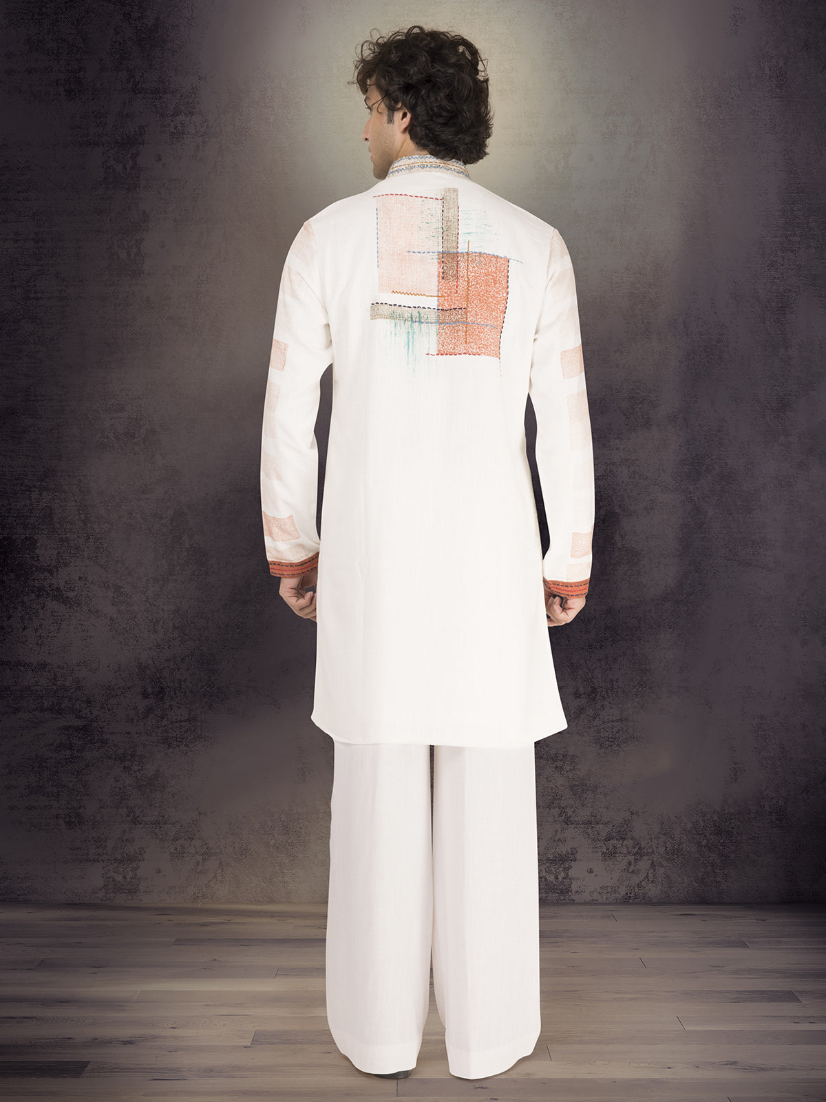 Off white linen cotton printed thread work kurta suit