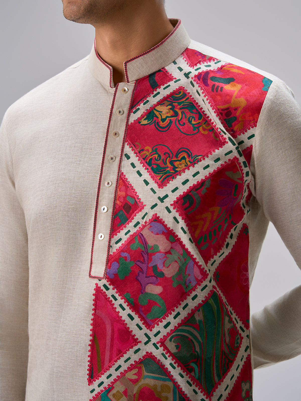 Off white pink patch kurta suit men