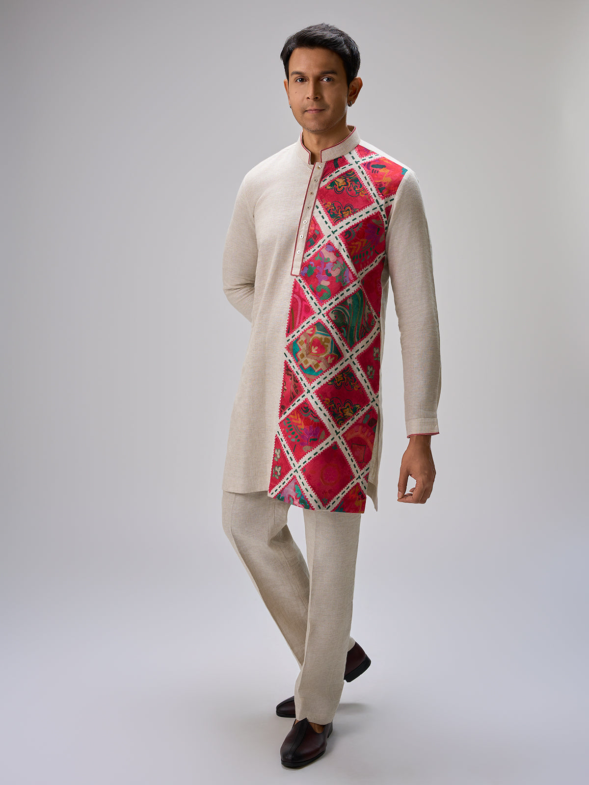 Off white pink patch kurta suit men
