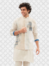 Off white printed cotton waistcoat set for men