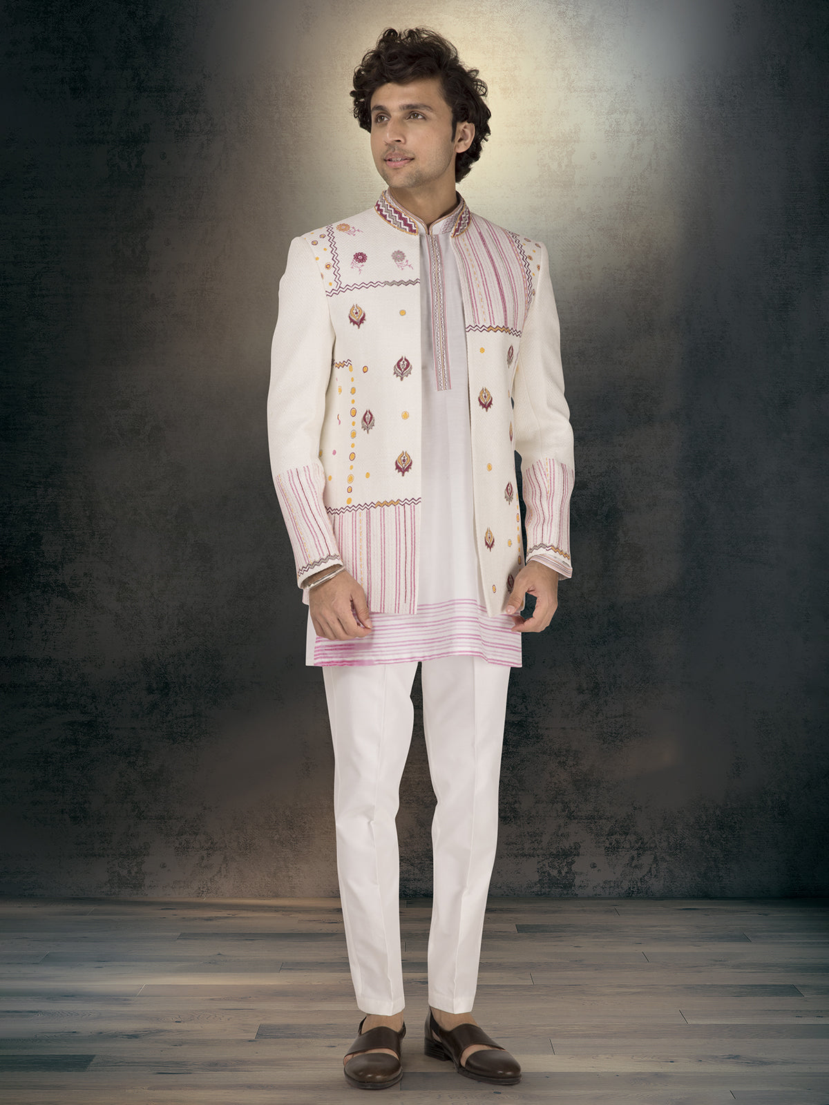 Off white printed jacket style jute jodhpuri ensemble
