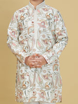 Off white silk printed kurta suit for boys