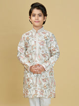 Off white silk printed kurta suit for boys