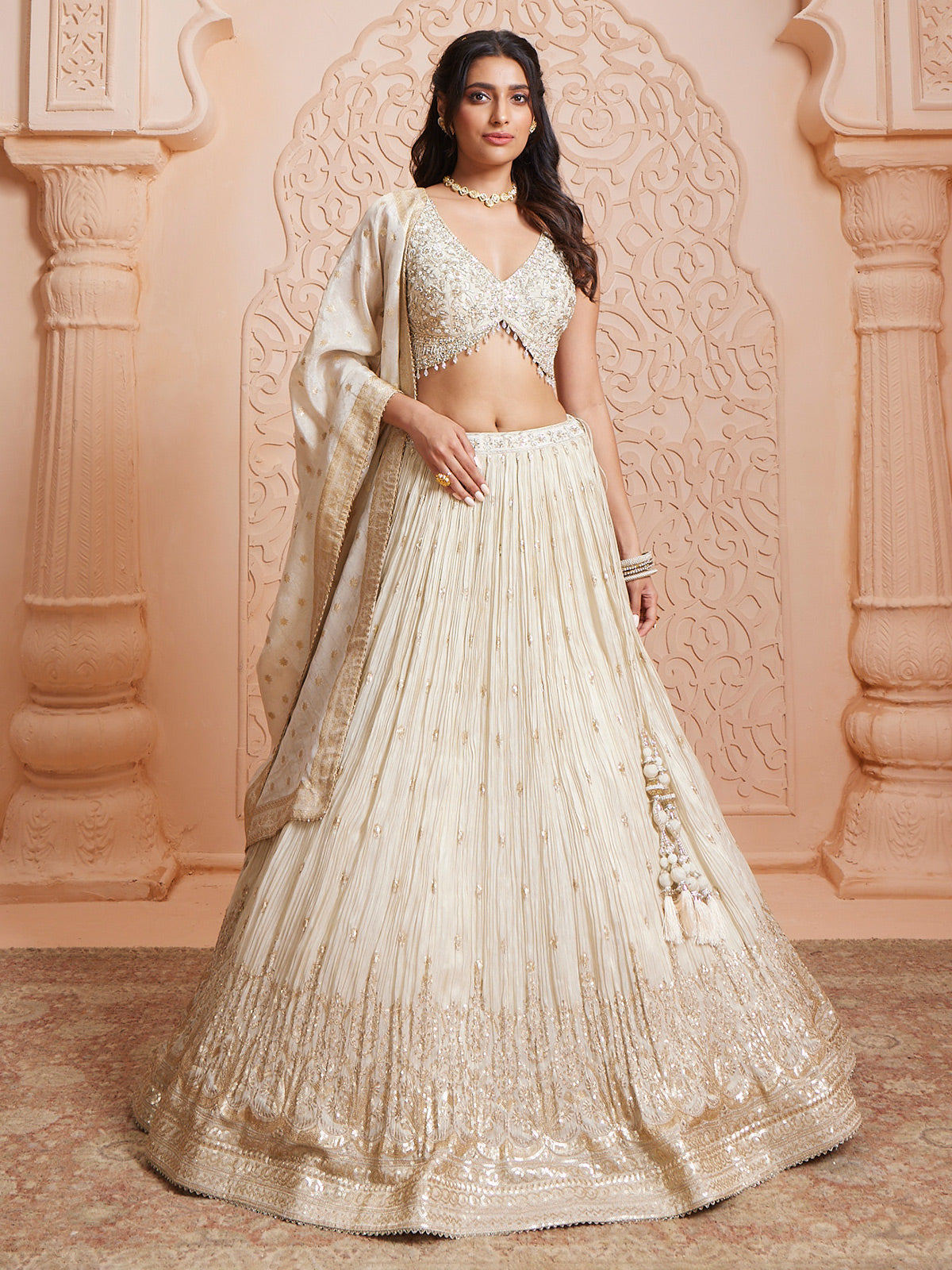 Off white tissue lehenga choli with dupatta