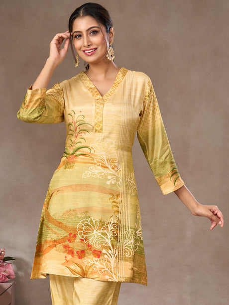 Olive and beige floral printed crepe silk co-ord set