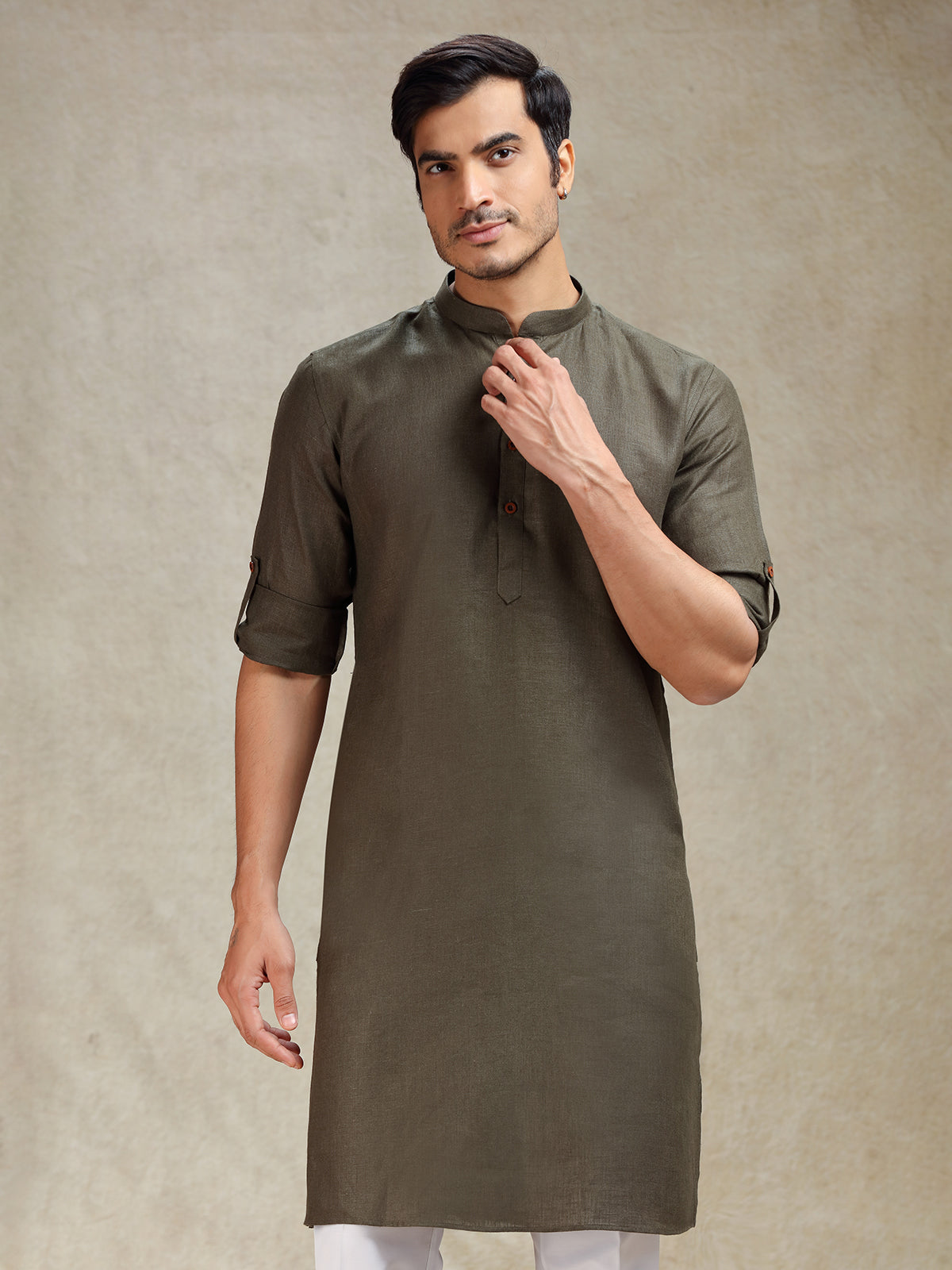 Olive green linen kurta for ethnic look