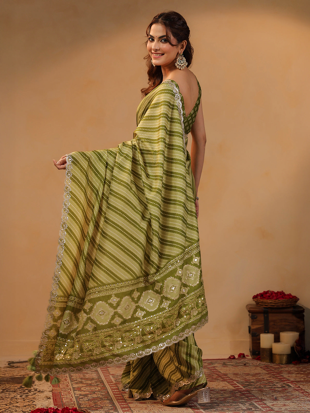 Olive printed silk saree with gota embellishment