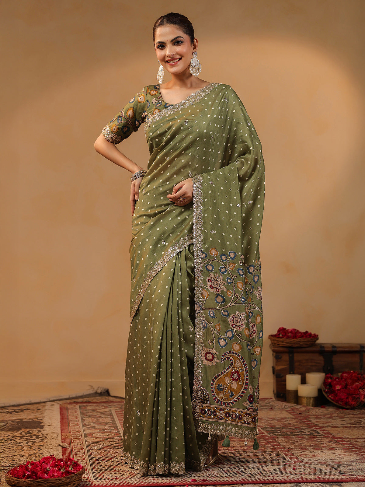 Olive printed silk saree with resham touches