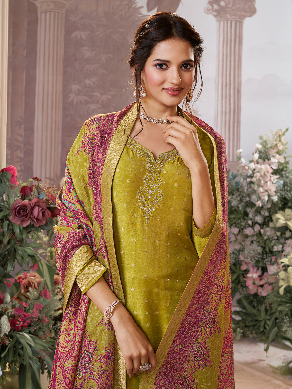 Olive silk salwar suit with printed dupatta