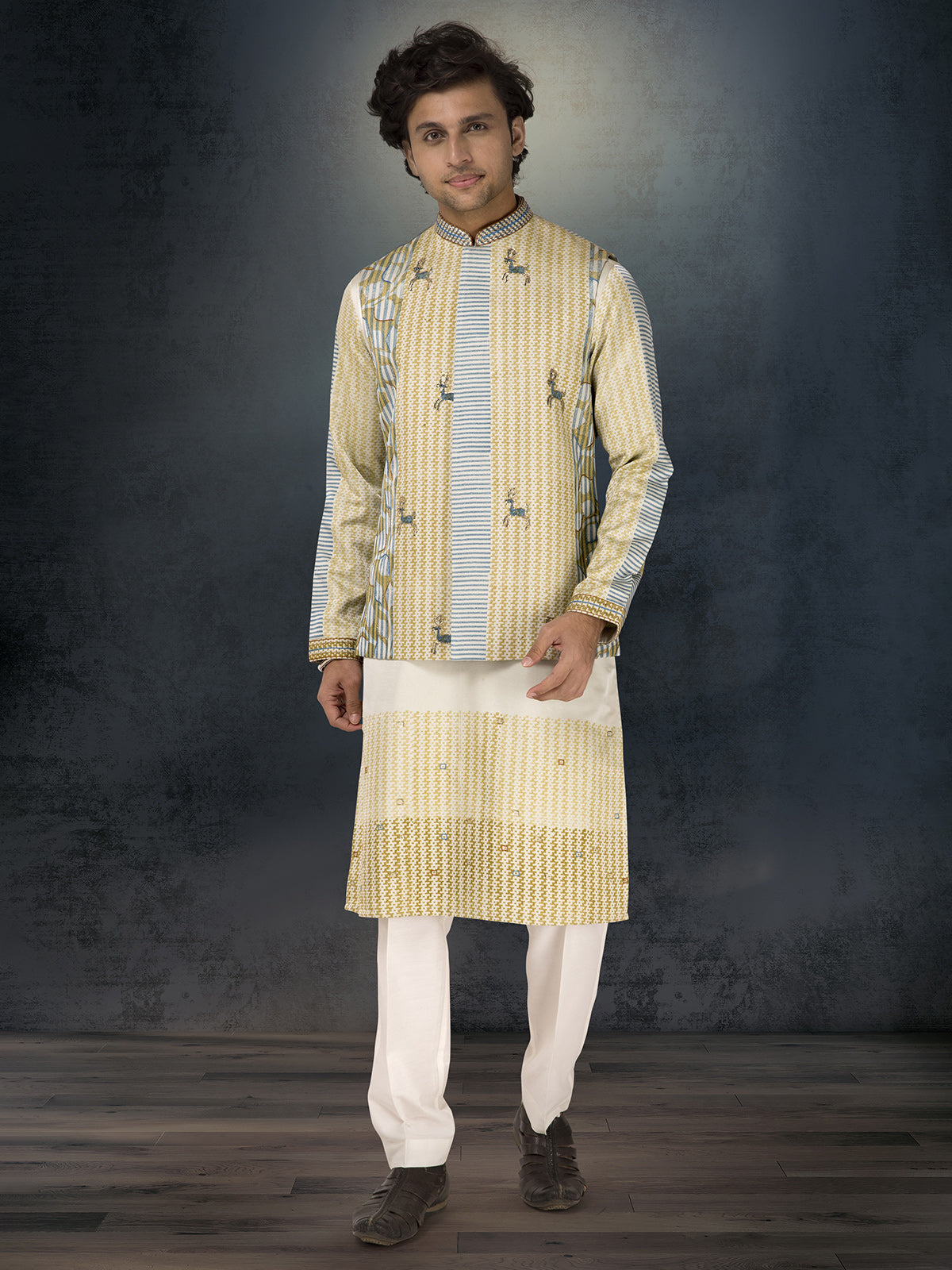 Olive silk waistcoat set with thread and resham work