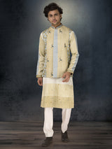 Olive silk waistcoat set with thread and resham work