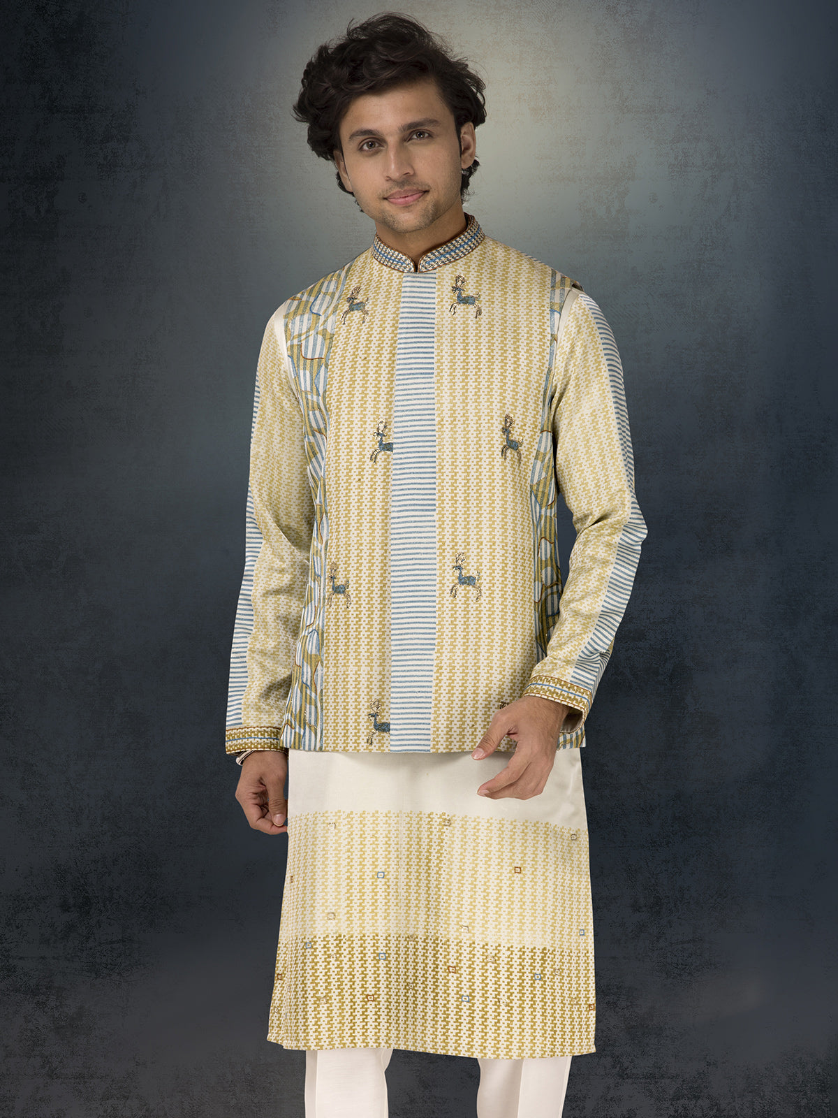 Olive silk waistcoat set with thread and resham work