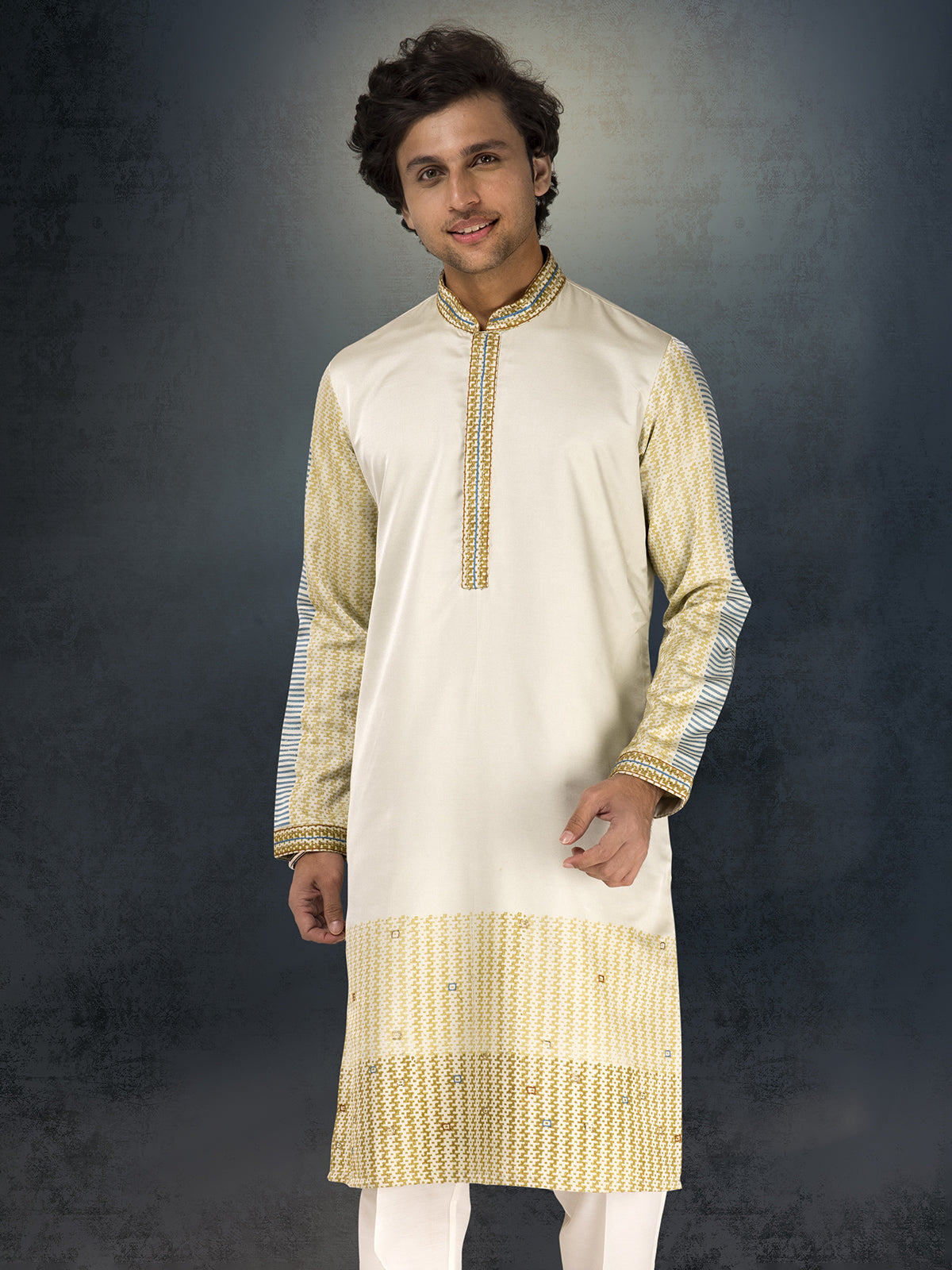 Olive silk waistcoat set with thread and resham work