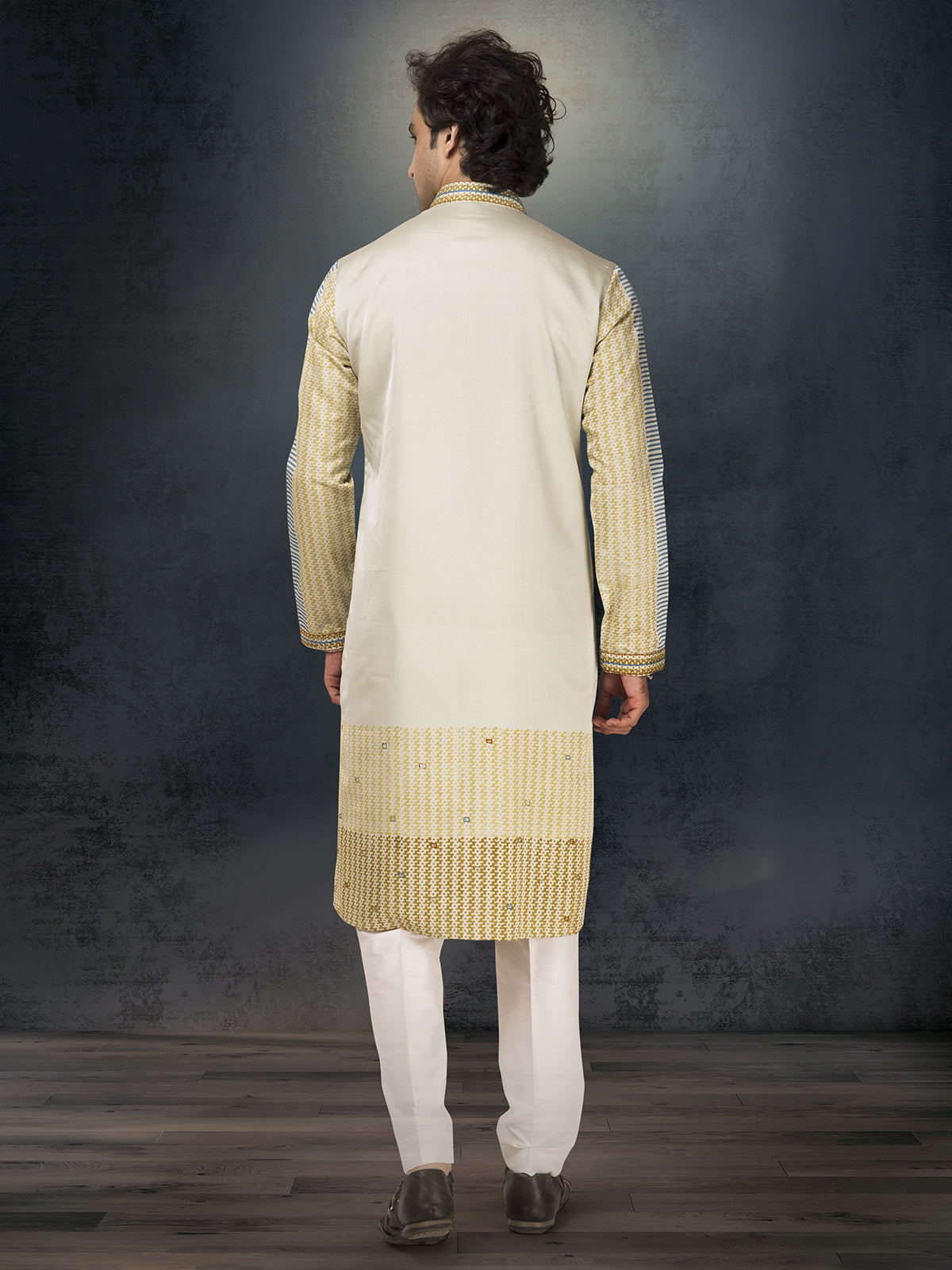 Olive silk waistcoat set with thread and resham work