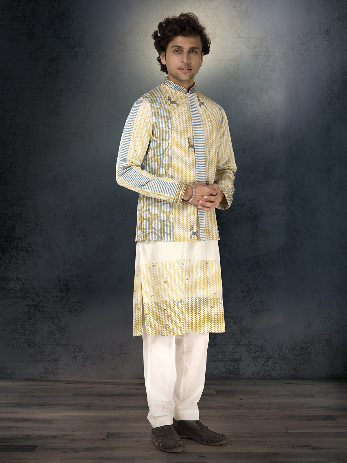 Olive silk waistcoat set with thread and resham work