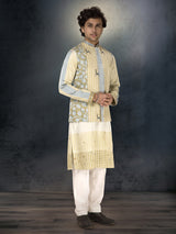 Olive silk waistcoat set with thread and resham work