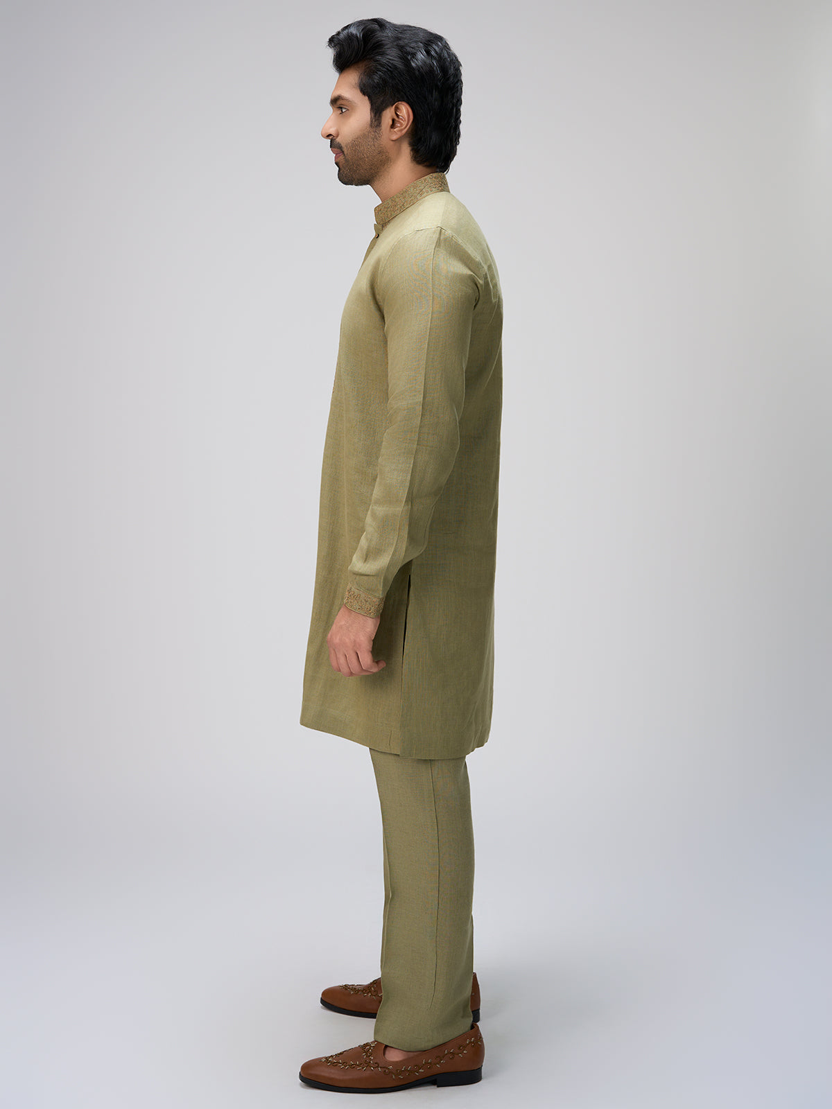 Olive thread artistry kurta pajama men