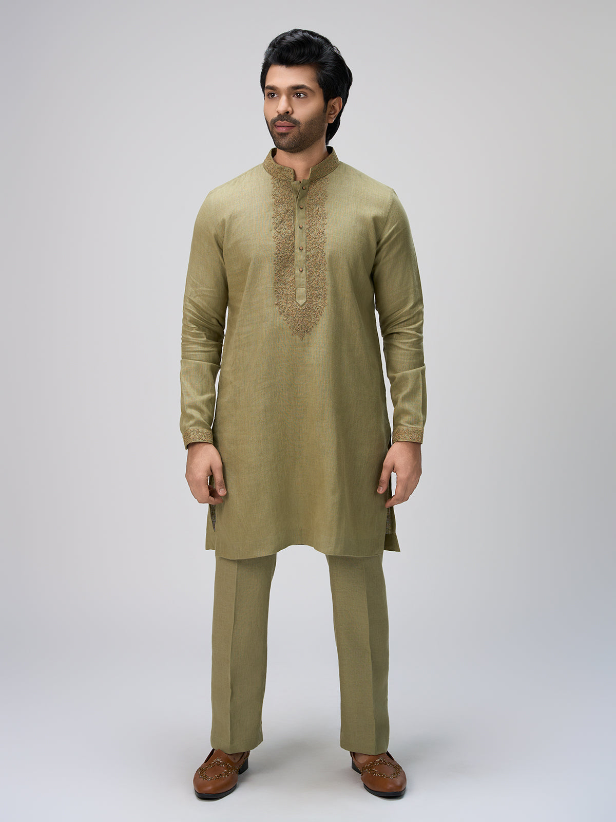 Olive thread artistry kurta pajama men