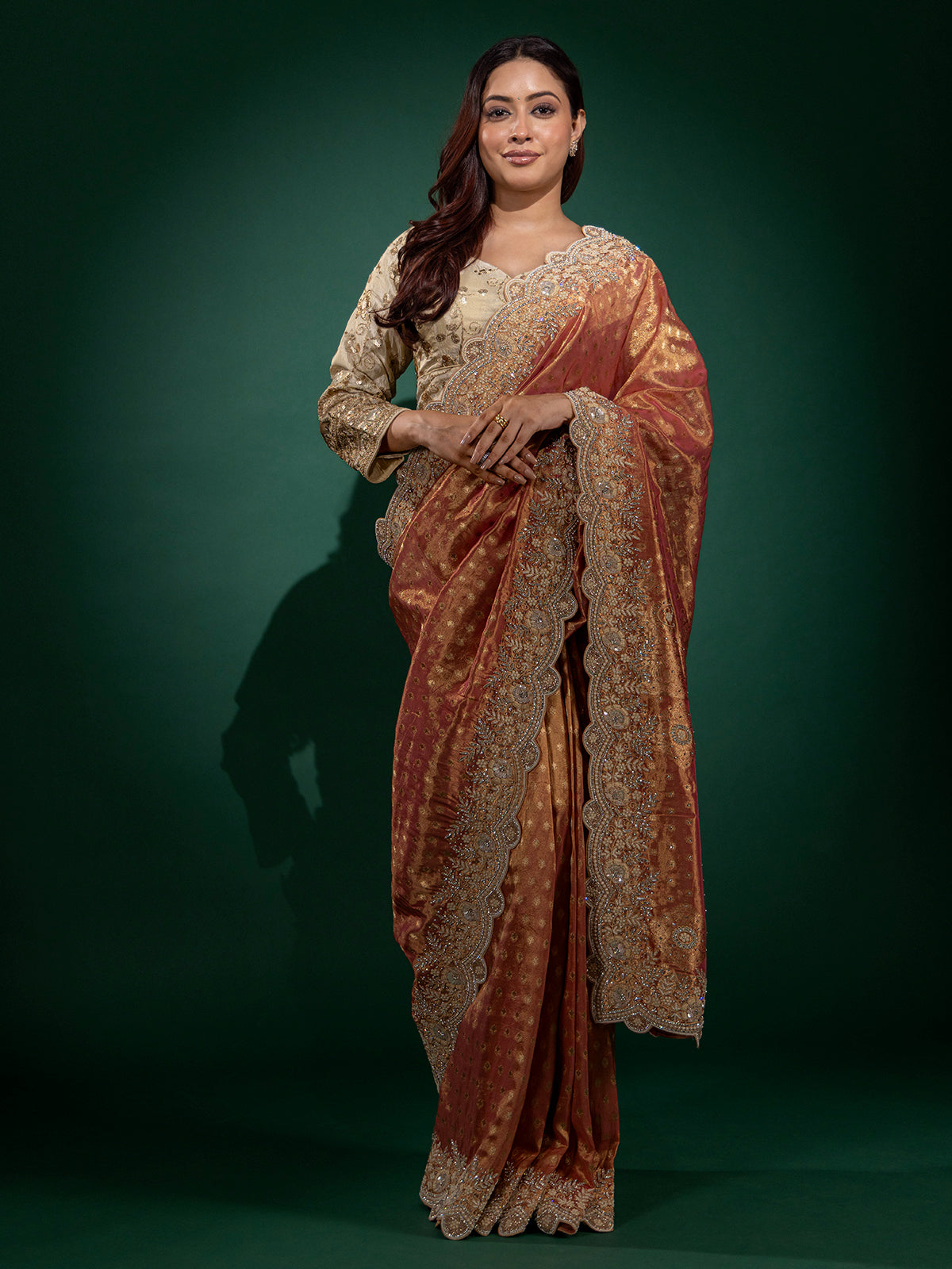 Onion pink chiffon saree with grand zari weaving