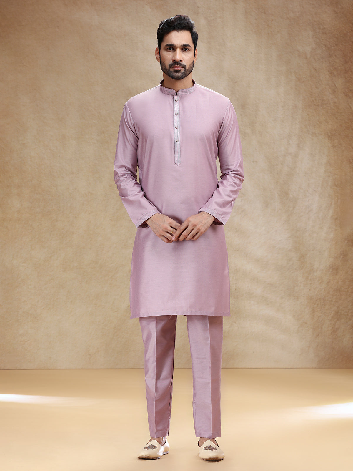 Onion pink cotton silk kurta suit for festive wear