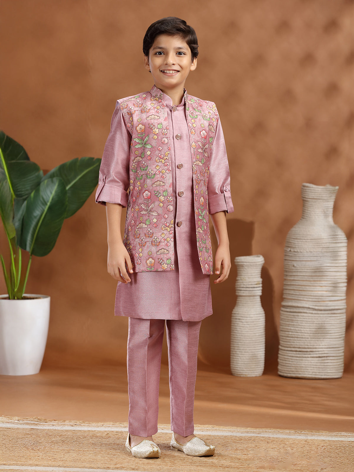 Onion Pink raw silk printed waistcoat set
