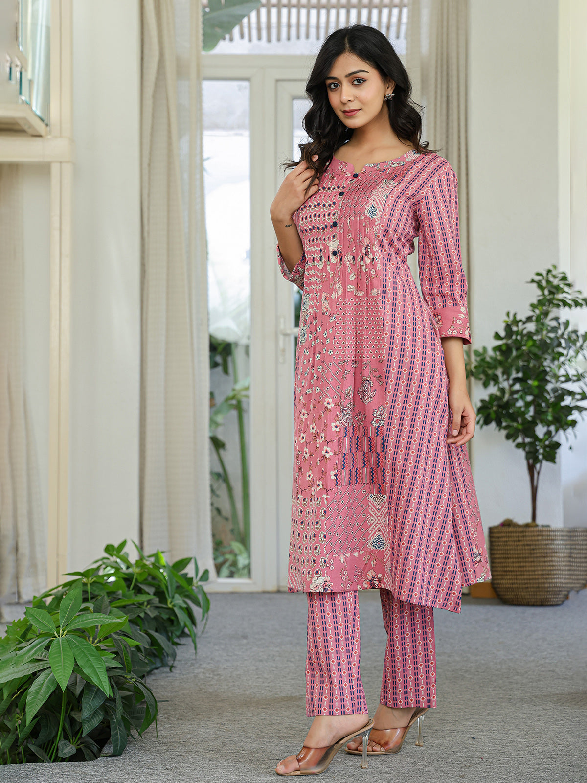 Onion pink silk printed kurti set