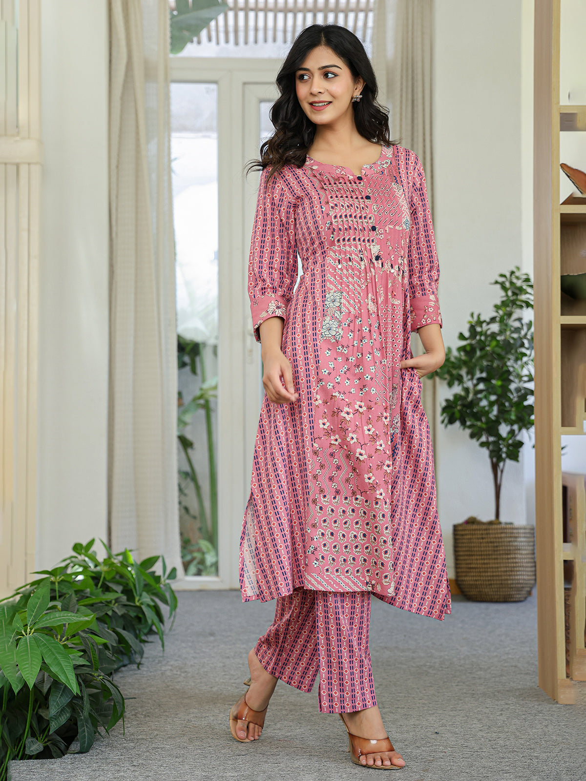 Onion pink silk printed kurti set