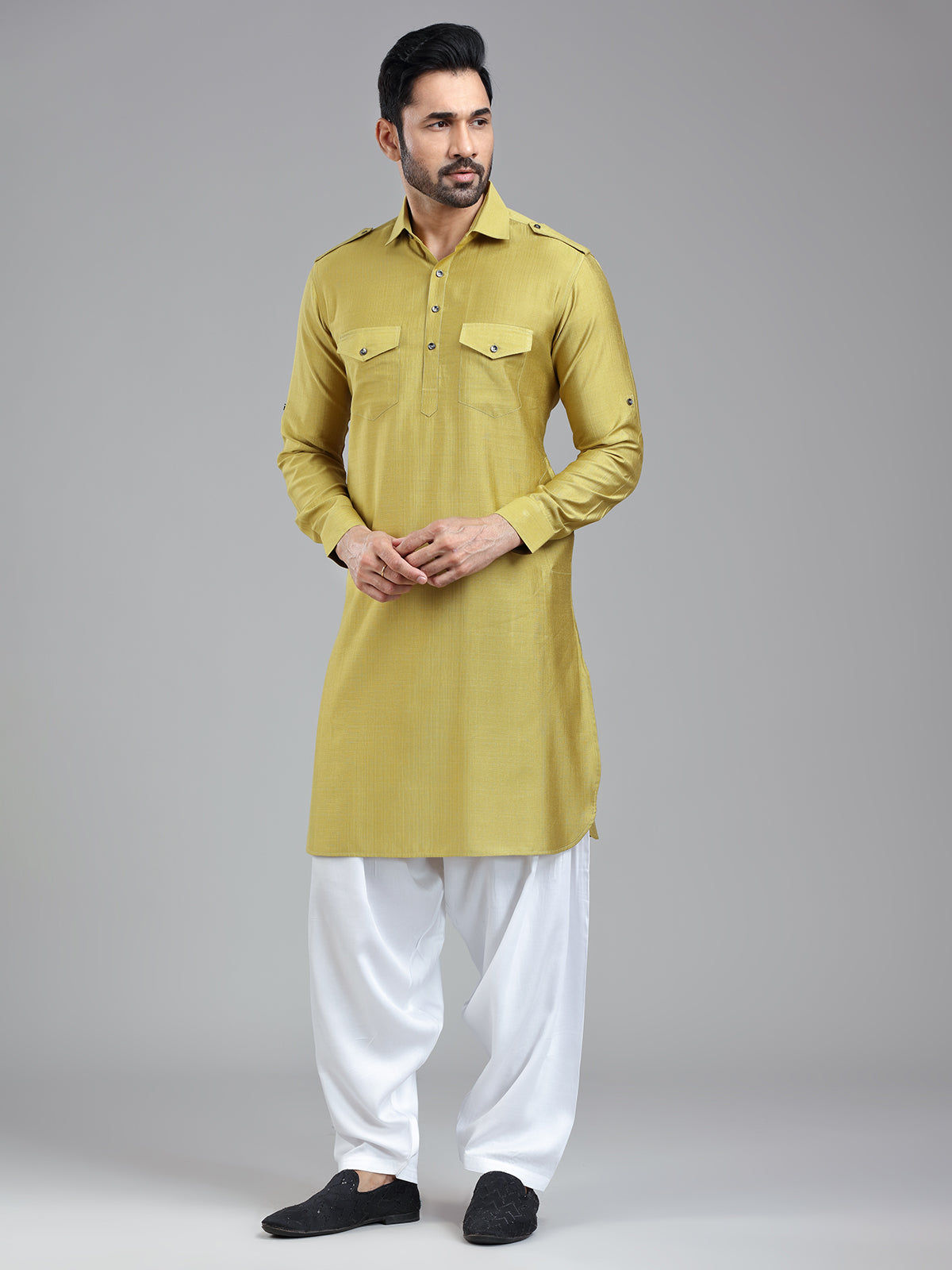Opulent style golden pathani kurta suit