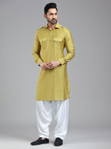 Opulent style golden pathani kurta suit