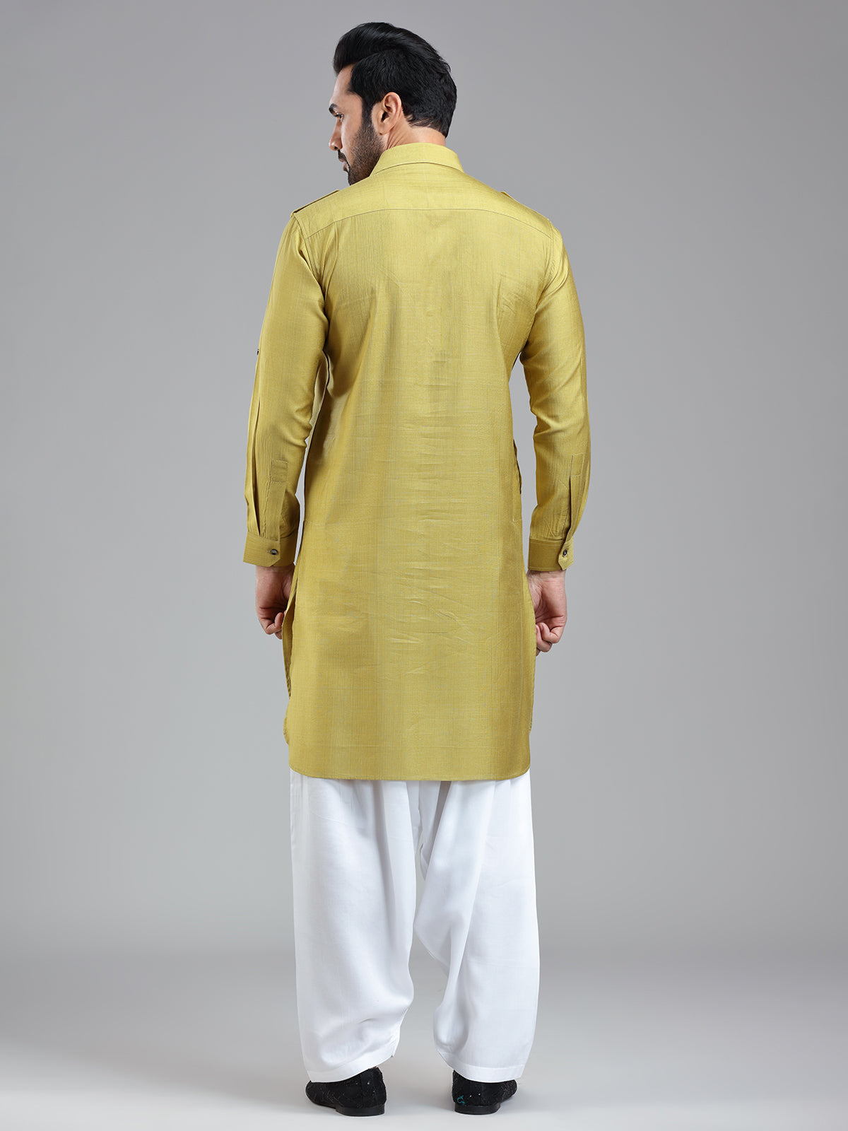 Opulent style golden pathani kurta suit