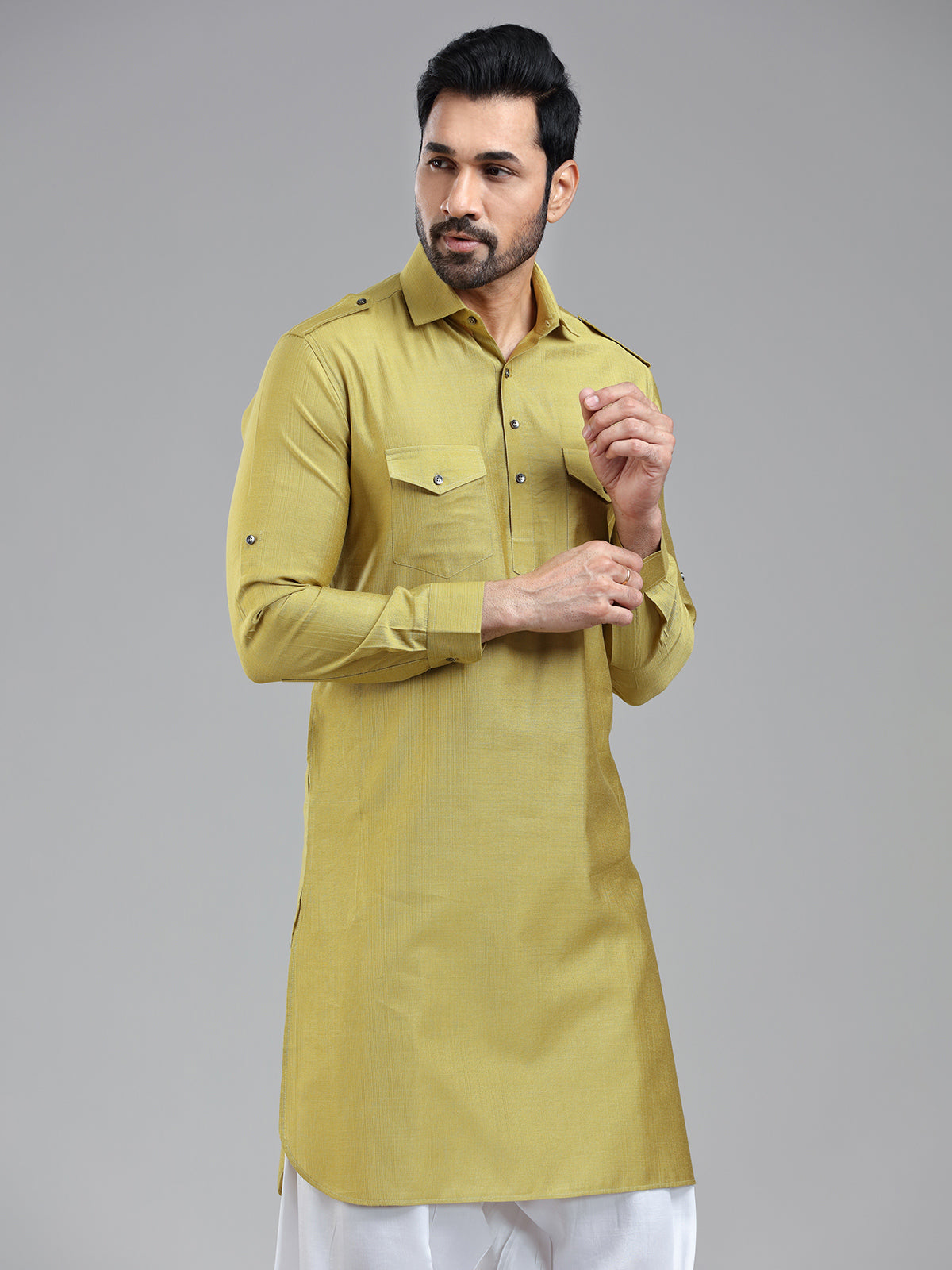 Opulent style golden pathani kurta suit