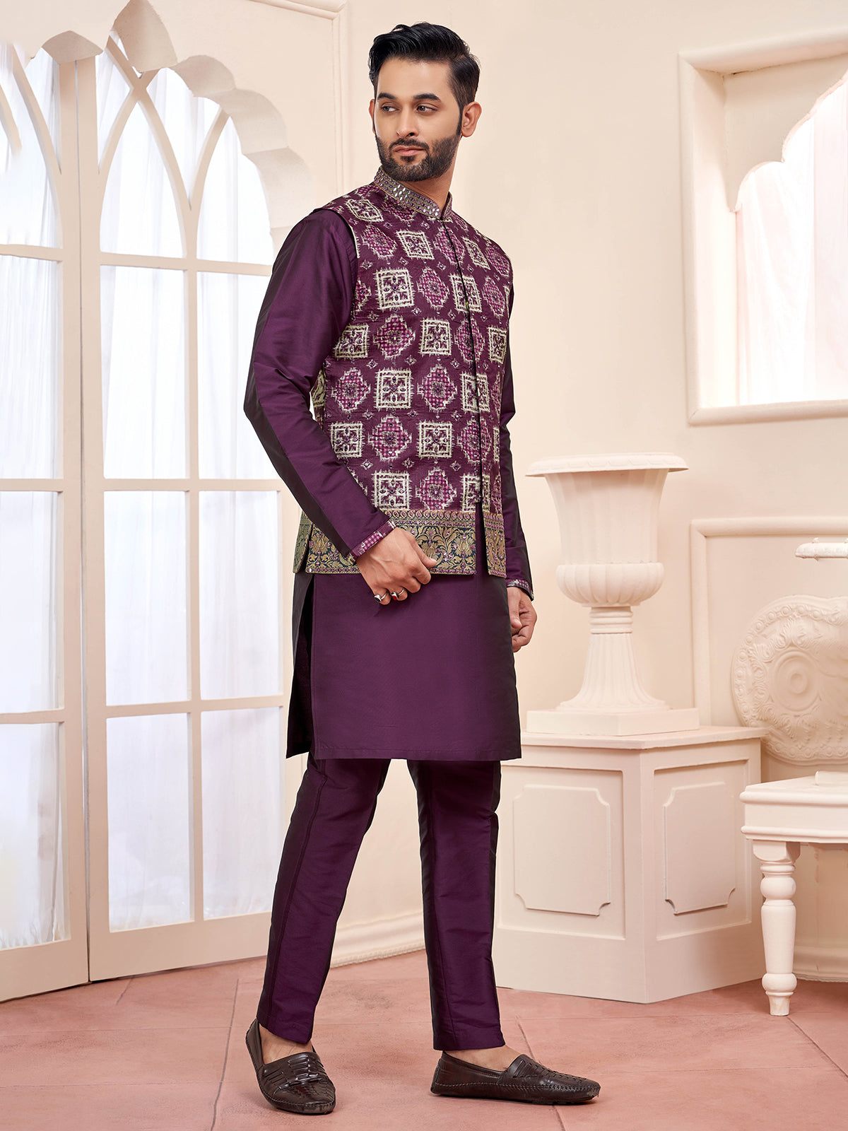 Opulent wine waistcoat set with detailed stitching