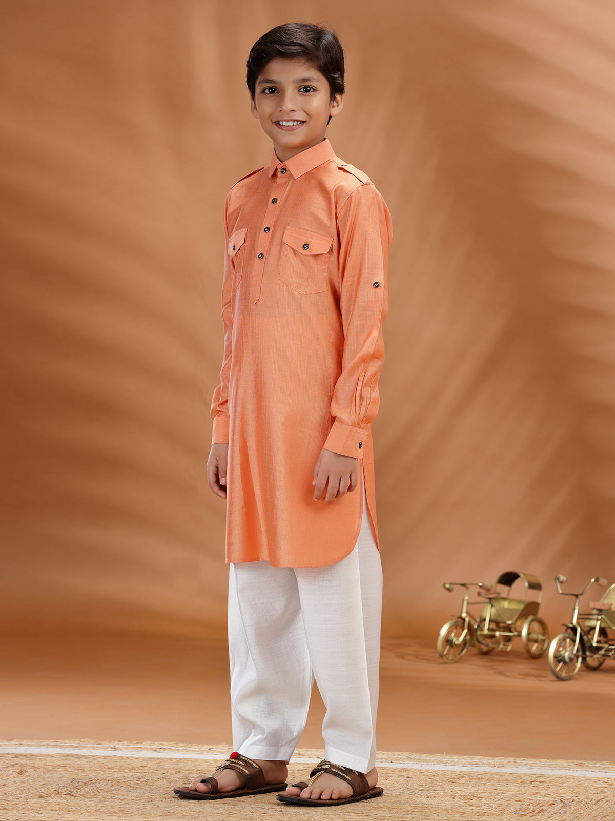 Peach cotton festive wear pathani set