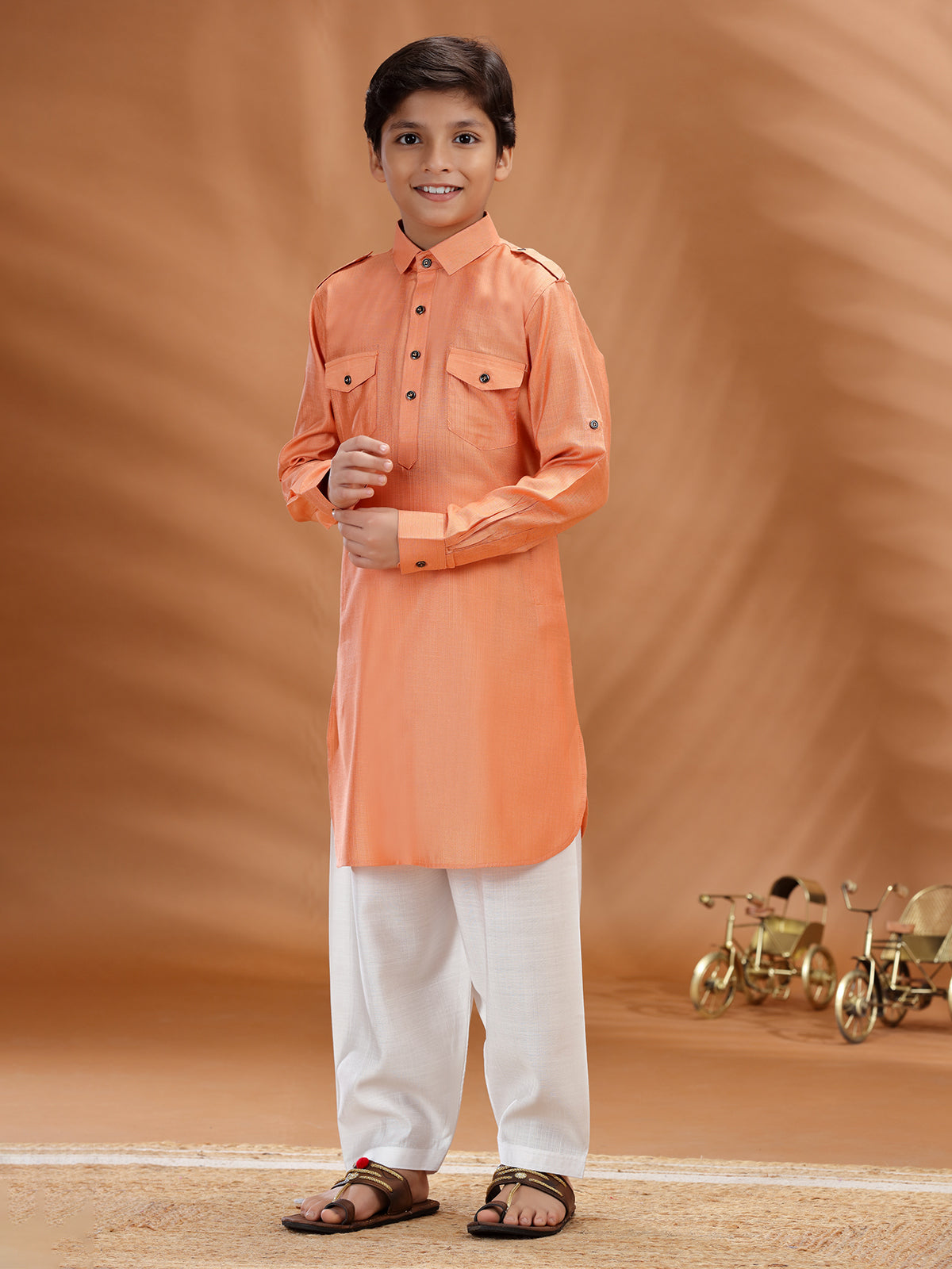 Peach cotton festive wear pathani set