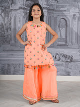 Orange cotton silk embellished palazzo suit for girls
