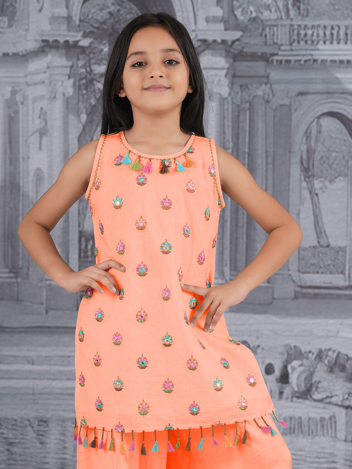Orange cotton silk embellished palazzo suit for girls