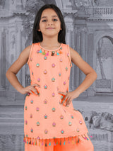 Orange cotton silk embellished palazzo suit for girls