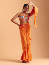 Orange satin silk indowestern suit with attached dupatta