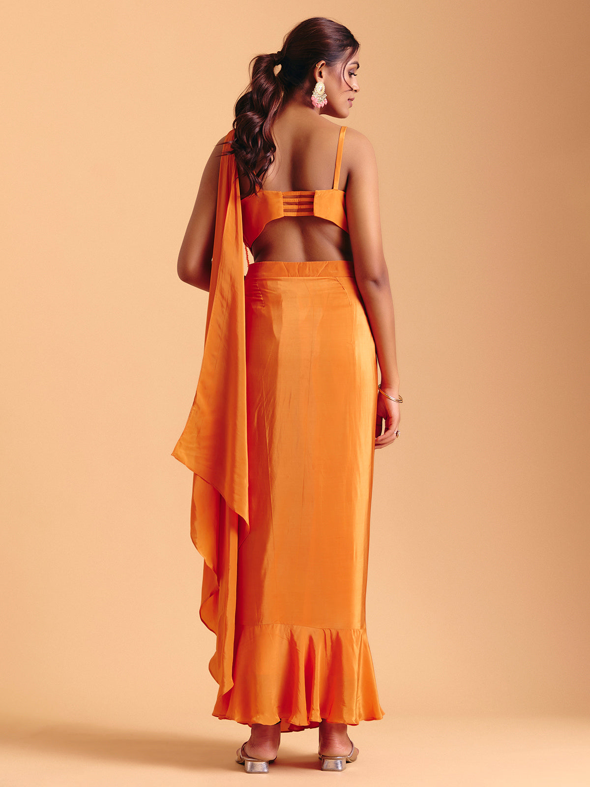 Orange satin silk indowestern suit with attached dupatta