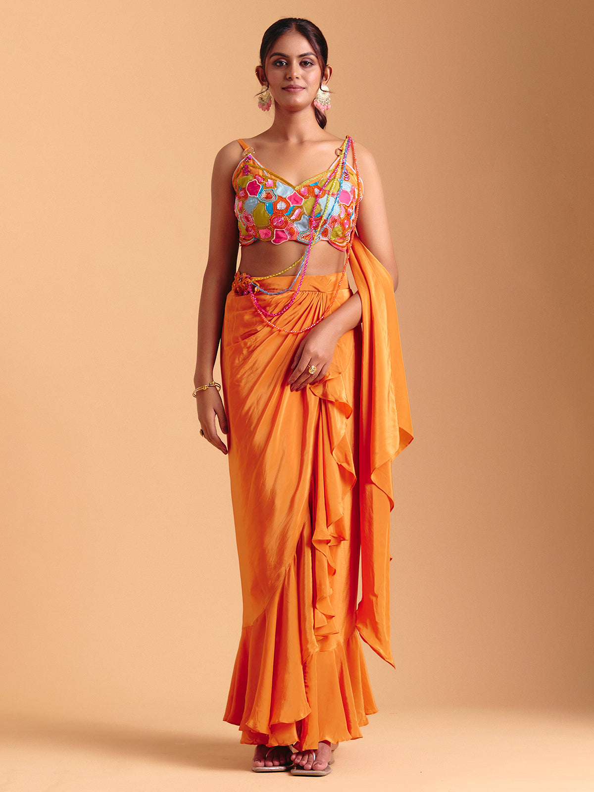 Orange satin silk indowestern suit with attached dupatta