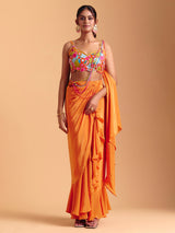 Orange satin silk indowestern suit with attached dupatta