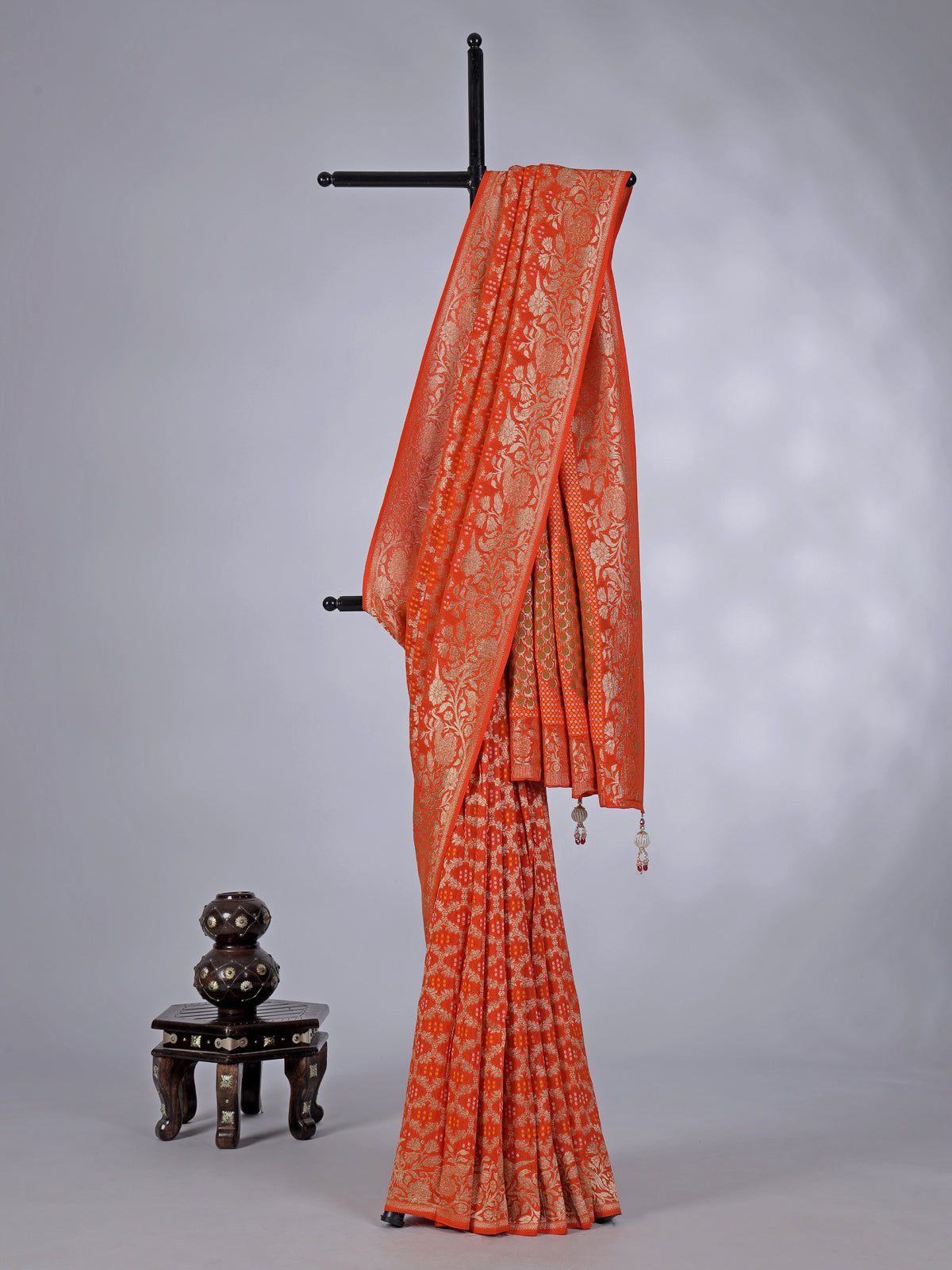 Orange semi georgette zari printed saree for festive events