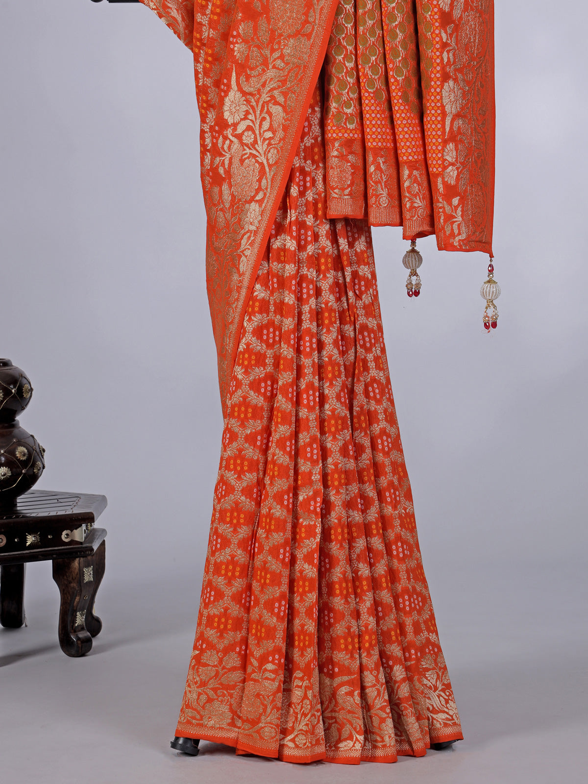 Orange semi georgette zari printed saree for festive events