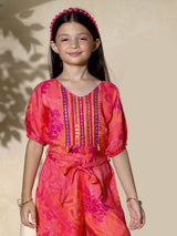 Orange silk belted jumpsuit for girls party wear